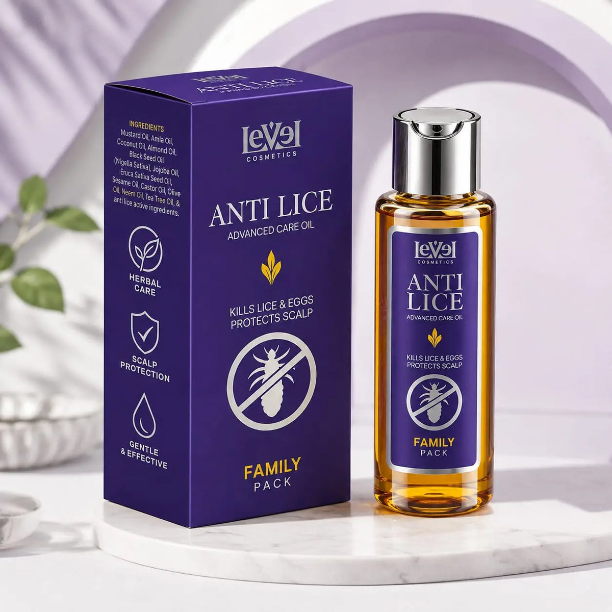 Woman applying Level Cosmetics Anti-Lice Advanced Care Oil with Family Pack box and bottle