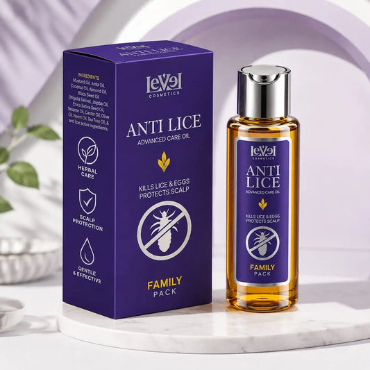 Woman applying Level Cosmetics Anti-Lice Advanced Care Oil with Family Pack box and bottle