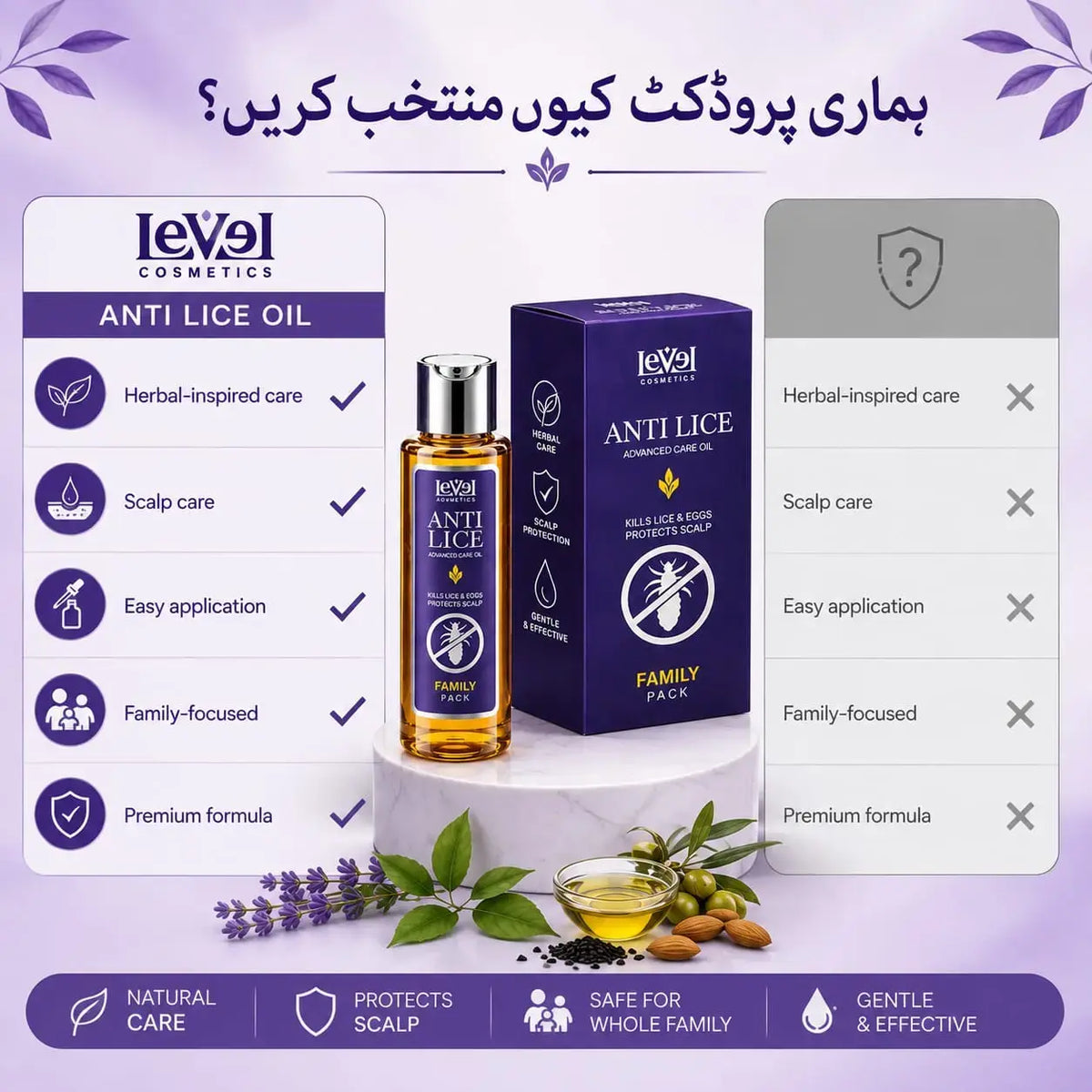 Level Cosmetics Anti-Lice Advanced Care Oil product packaging with natural herbal oil formula